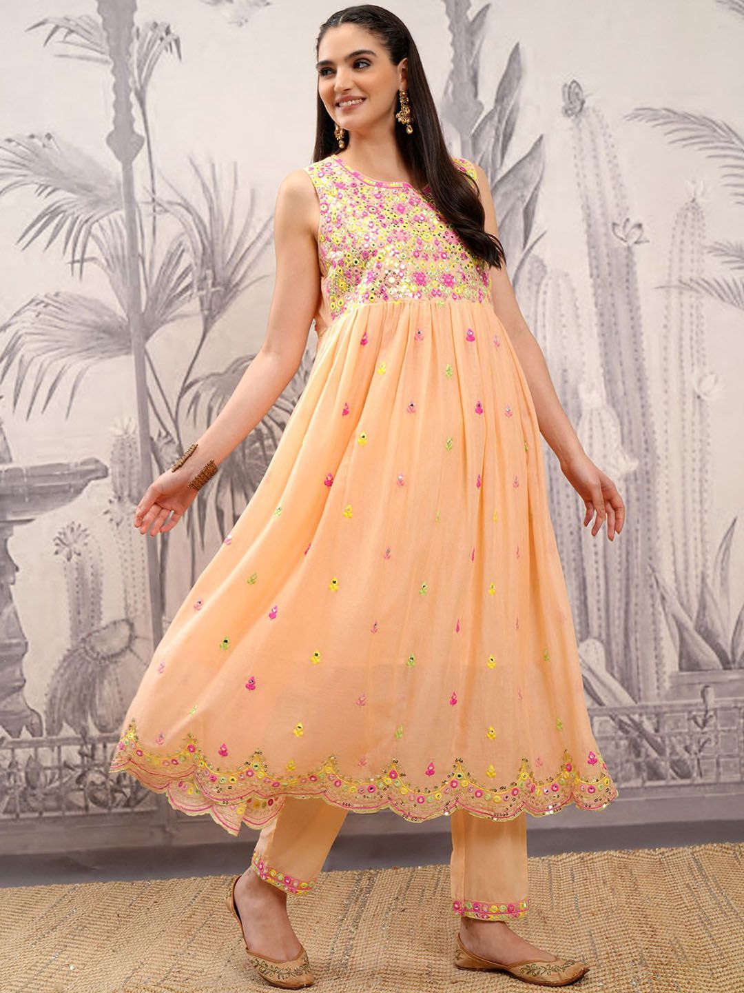 Vishudh Orange Embroidered Regular Mirror Work Pure Cotton Kurta with Trousers & Dupatta