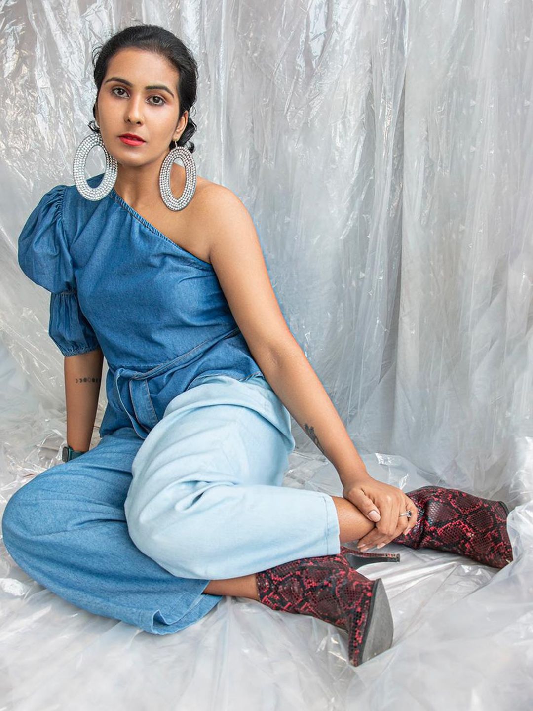 STREET 9 Blue Solid One Shoulder Indigo Denim Regular Top With Belt