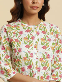 W White Floral Printed Pure Cotton A-Line Midi Dress