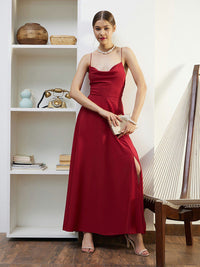 Berrylush Red Cowl Neck Shoulder Straps Lace Up Maxi Dress