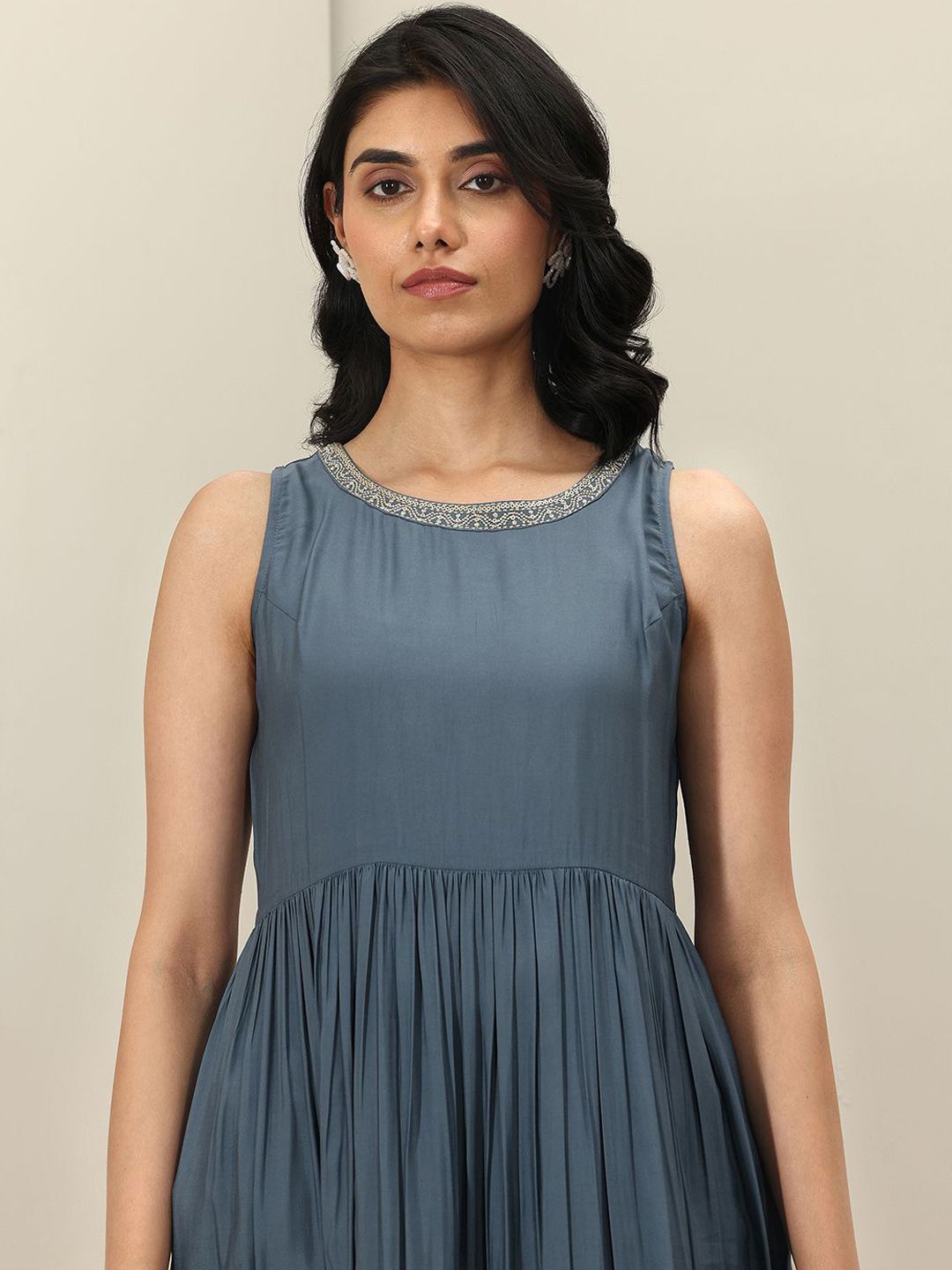 Gerua By Libas Womens Grey Solid Anarkali Kurta With Trousers & Dupatta