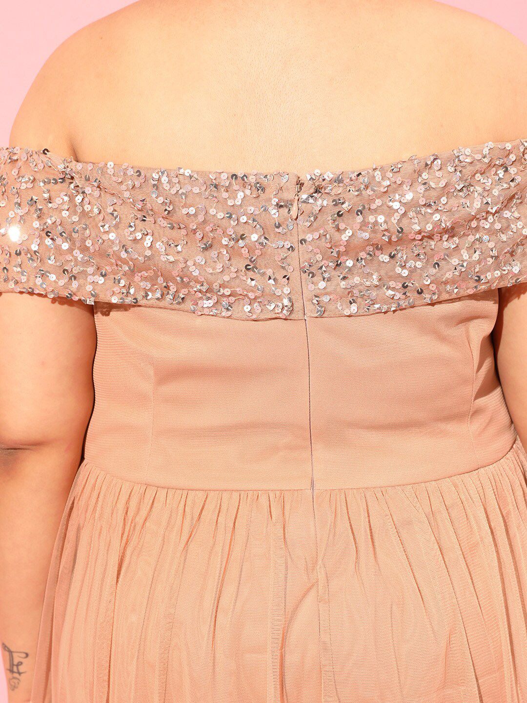 CURVY STREET Peach Plus Size Embellished Net Dress