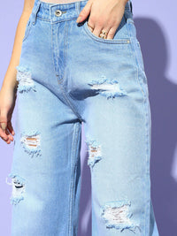 STREET 9 Women Blue Flared High-Rise Highly Distressed Heavy Fade Jeans