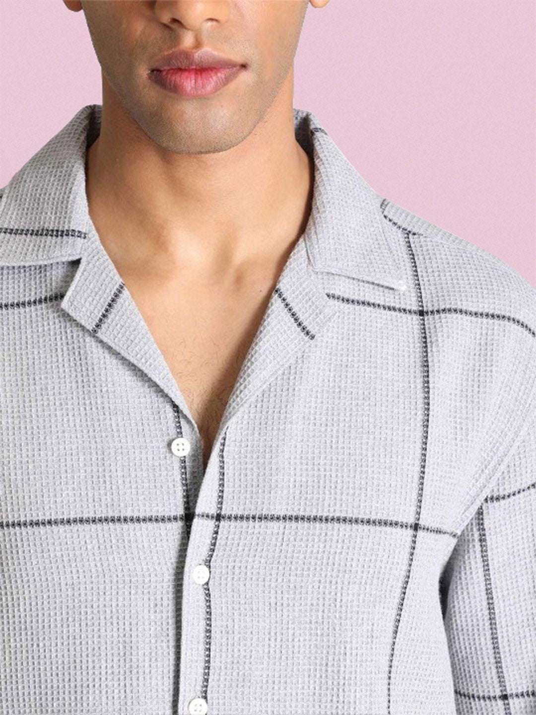 Bene Kleed Men Classic Cuban Collar Windowpane Checked Cotton Relaxed Fit Casual Shirt