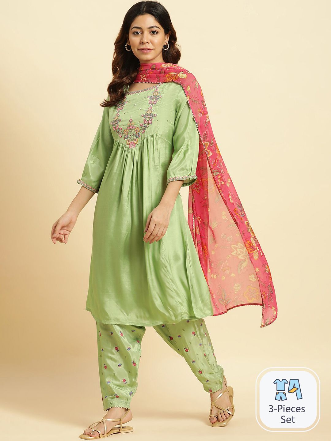 W Square Neck Thread Work Detailed A-Line Kurta & Salwar With Dupatta