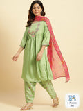 W Square Neck Thread Work Detailed A-Line Kurta & Salwar With Dupatta