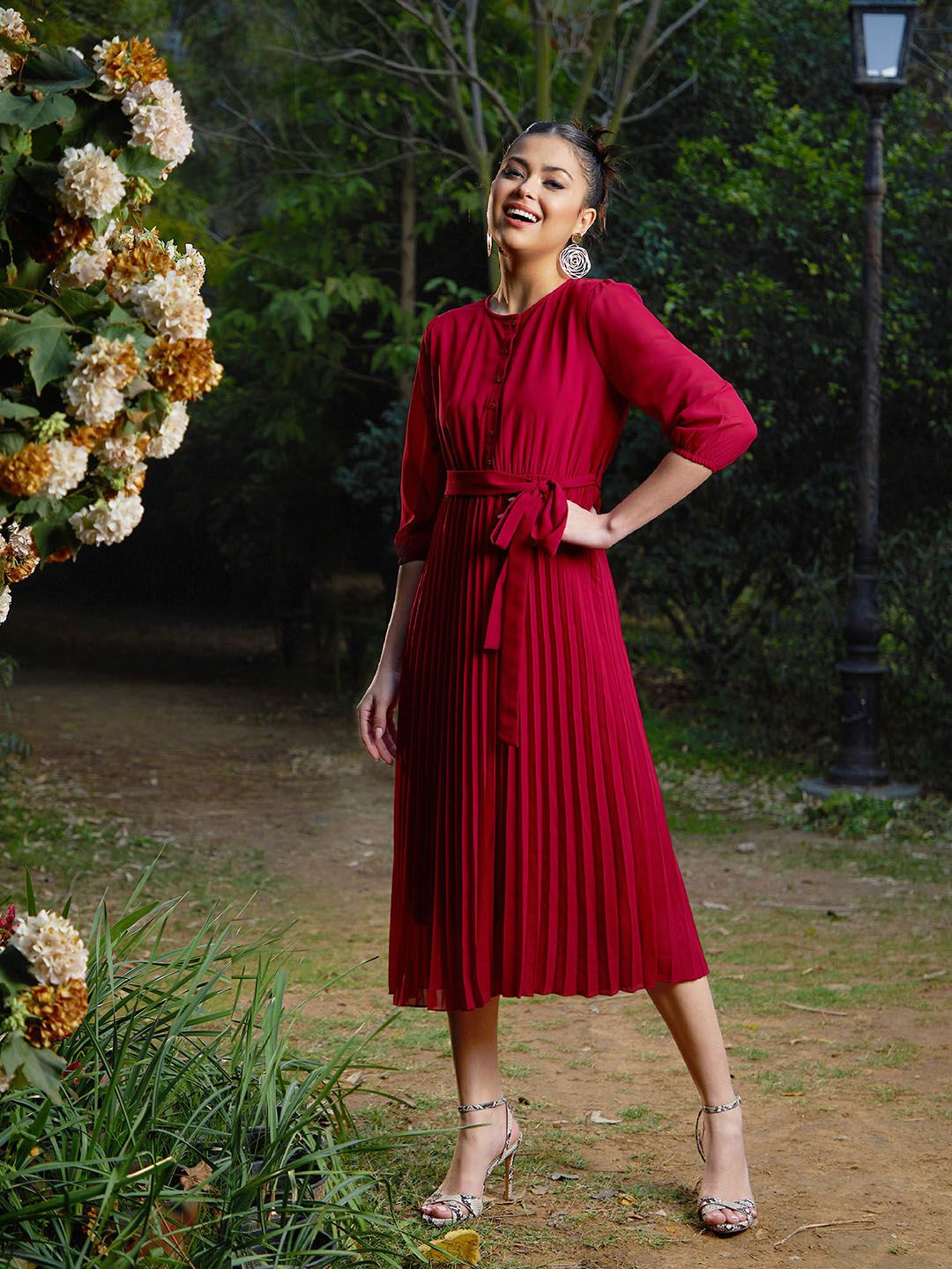 SASSAFRAS Striped Puff Sleeves A-Line Dress