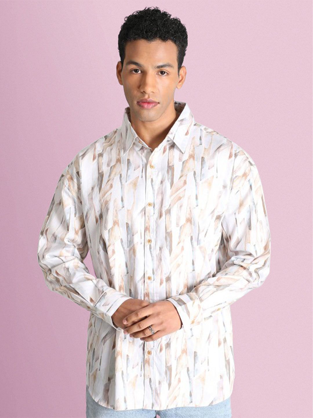 Bene Kleed Men Classic Spread Collar Abstract Printed Cotton Oversized Casual Shirt