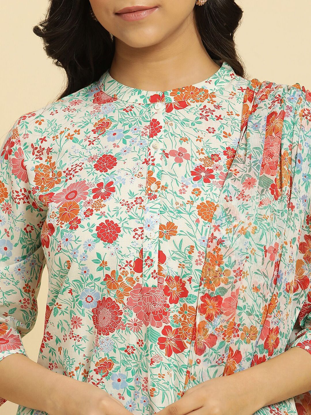 W Floral Printed Regular Pure Cotton Straight Kurta with Trouser & Dupatta