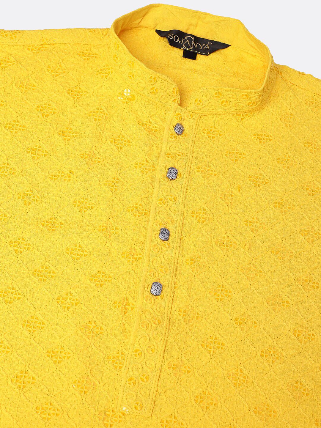 SOJANYA Woven Design Mandarin Collar Sequinned Straight Pure Cotton Kurta