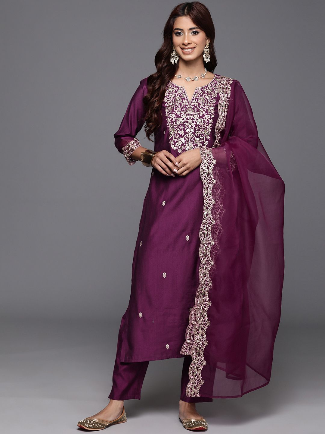 Indo Era Floral Embroidered Sequinned Liva Kurta with Trousers & Dupatta