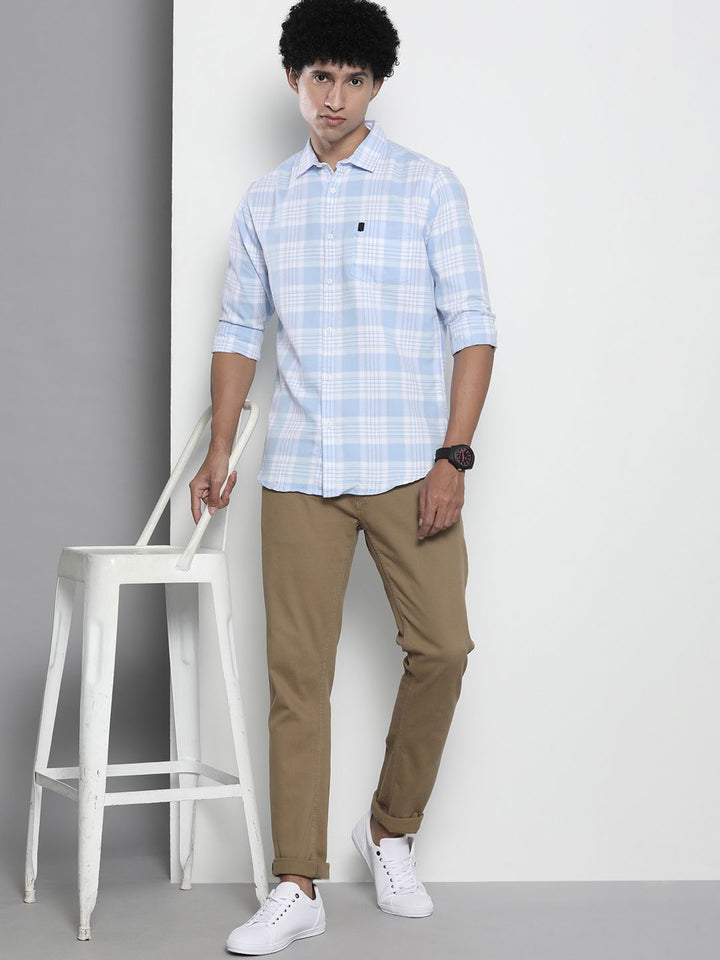 The Indian Garage Co Men Blue & White Gingham Checked Pure Cotton Casual Shirt