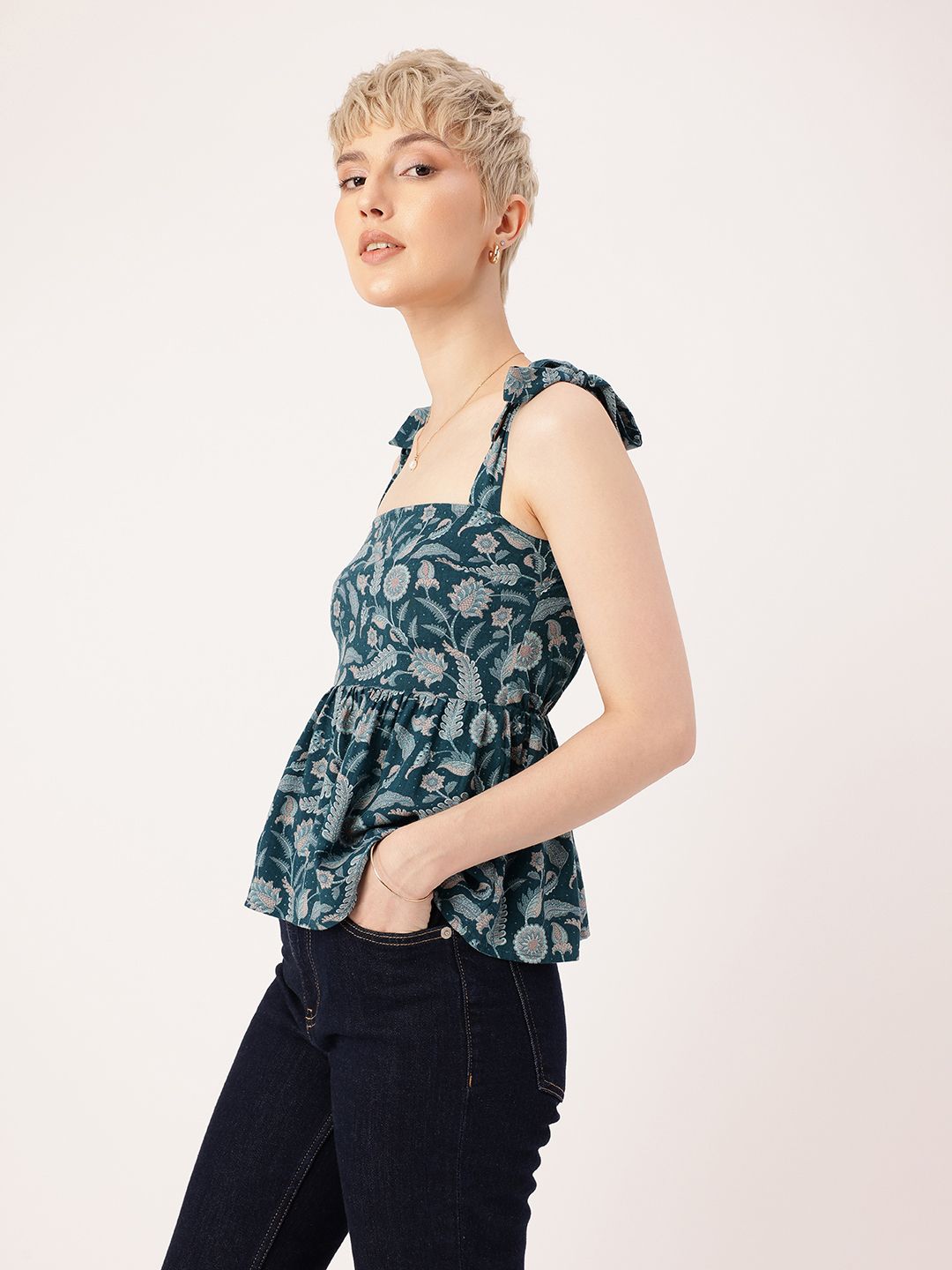DressBerry Fetish Glam Floral Printed Tie-Up Straps Gathers A-Line Top