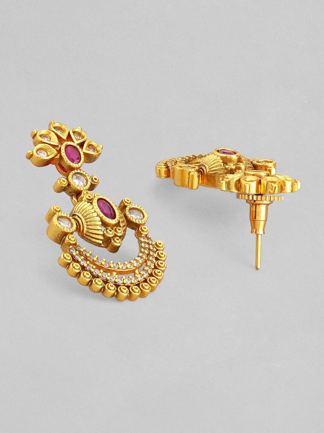 Rubans 24K Gold-Plated Ruby Pink & Cubic Zirconia Studded Temple Necklace Set