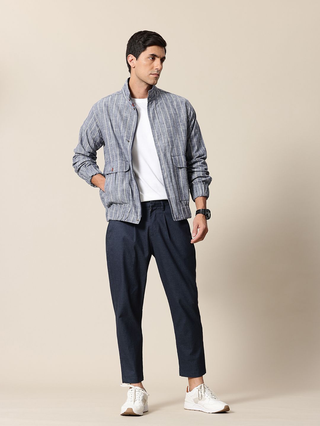 Mr Bowerbird Stand Collar Striped Bomber Jacket