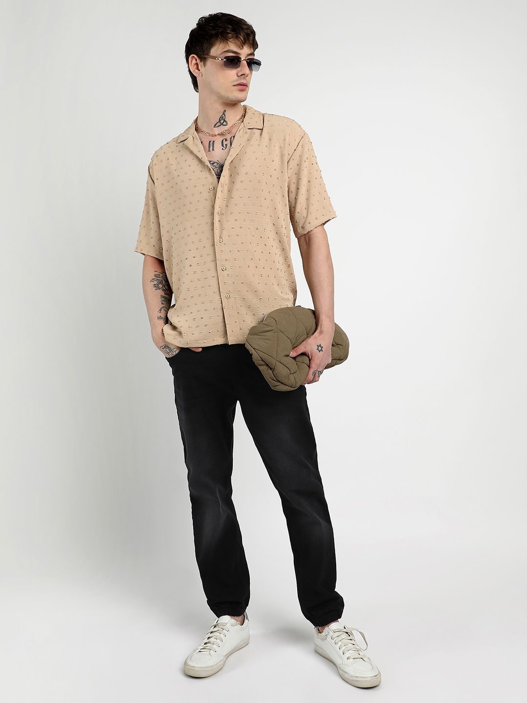 Campus Sutra Men Comfort Cuban Collar Oversized Pom-Pom Casual Shirt