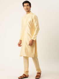SOJANYA Men Cream-Coloured Solid Kurta with Churidar & Nehru Jacket