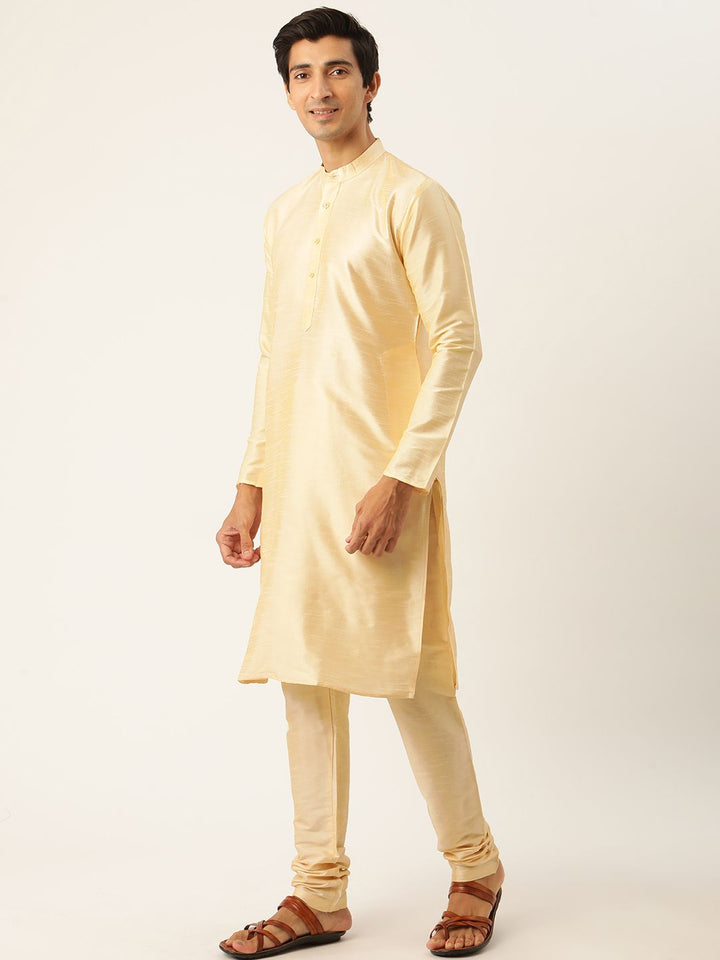 SOJANYA Men Cream-Coloured Solid Kurta with Churidar & Nehru Jacket