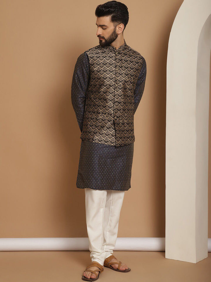 Anouk Navy Blue Ethnic Motifs Woven Design Straight Kurta With Churidar & Nehru Jacket