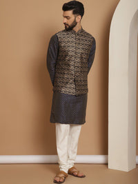 Anouk Navy Blue Ethnic Motifs Woven Design Straight Kurta With Churidar & Nehru Jacket