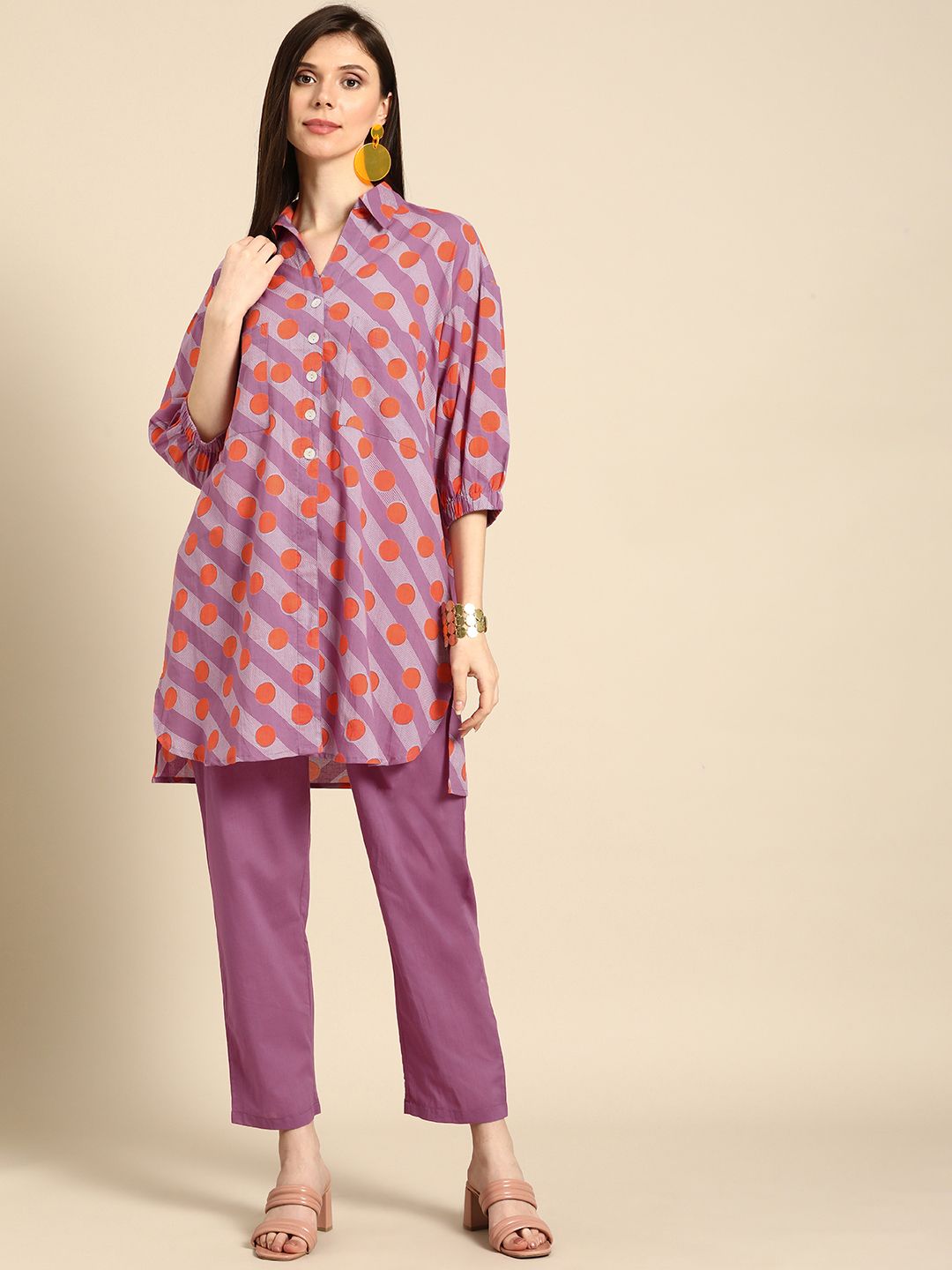 Anouk Women Purple And Orange Striped And Printed Empire Pure Cotton Kurti with Trousers