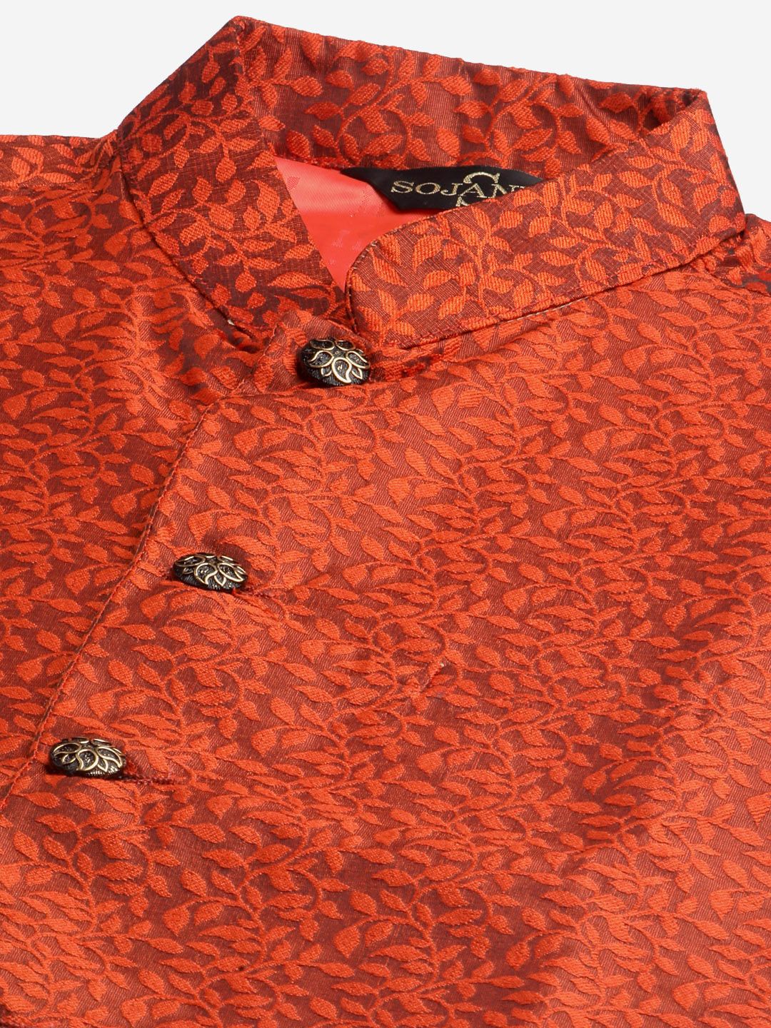 SOJANYA Men Teal Blue & Orange Woven Design Kurta with Churidar & Nehru Jacket