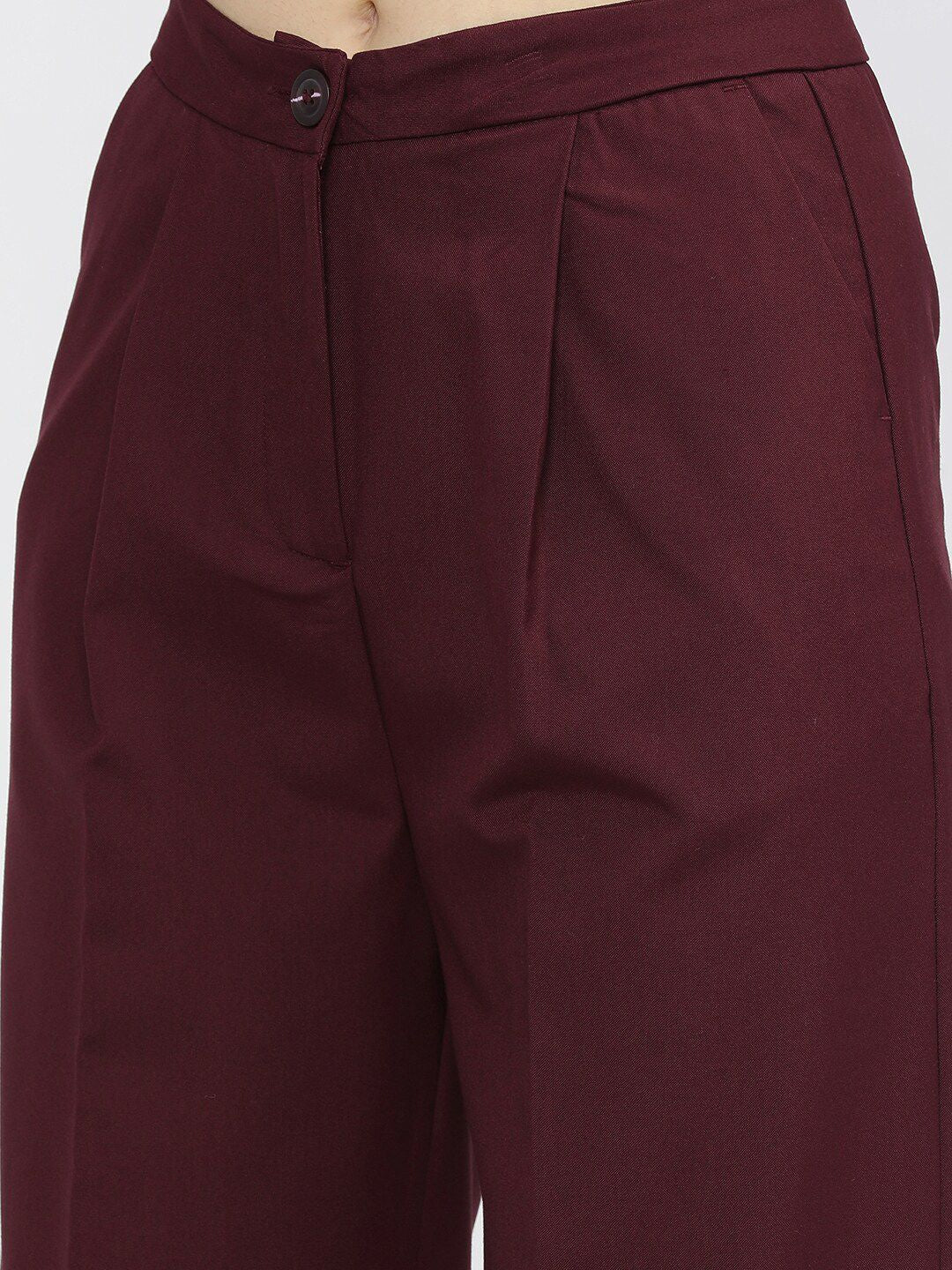 Tokyo Talkies Women Burgundy Flared Pleated Parallel Trousers