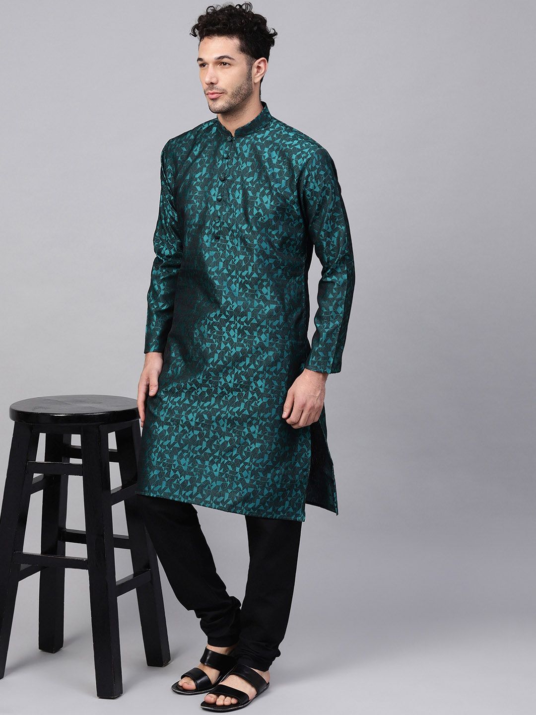 SOJANYA Men Teal Woven Design Straight Kurta