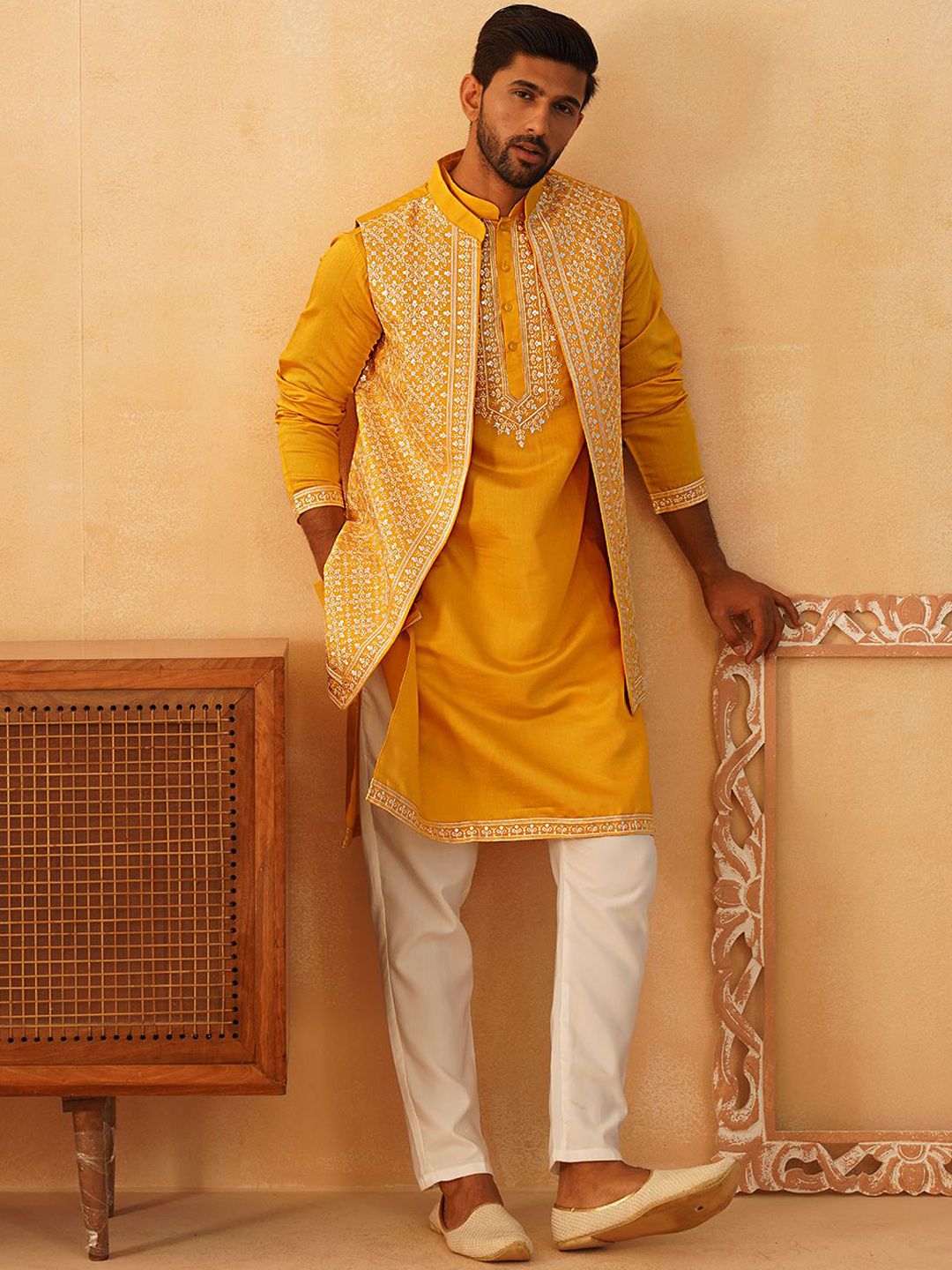 Jompers Floral Yoke Design Sequinned Regular Kurta with Pyjamas & Embroidered Waistcoat