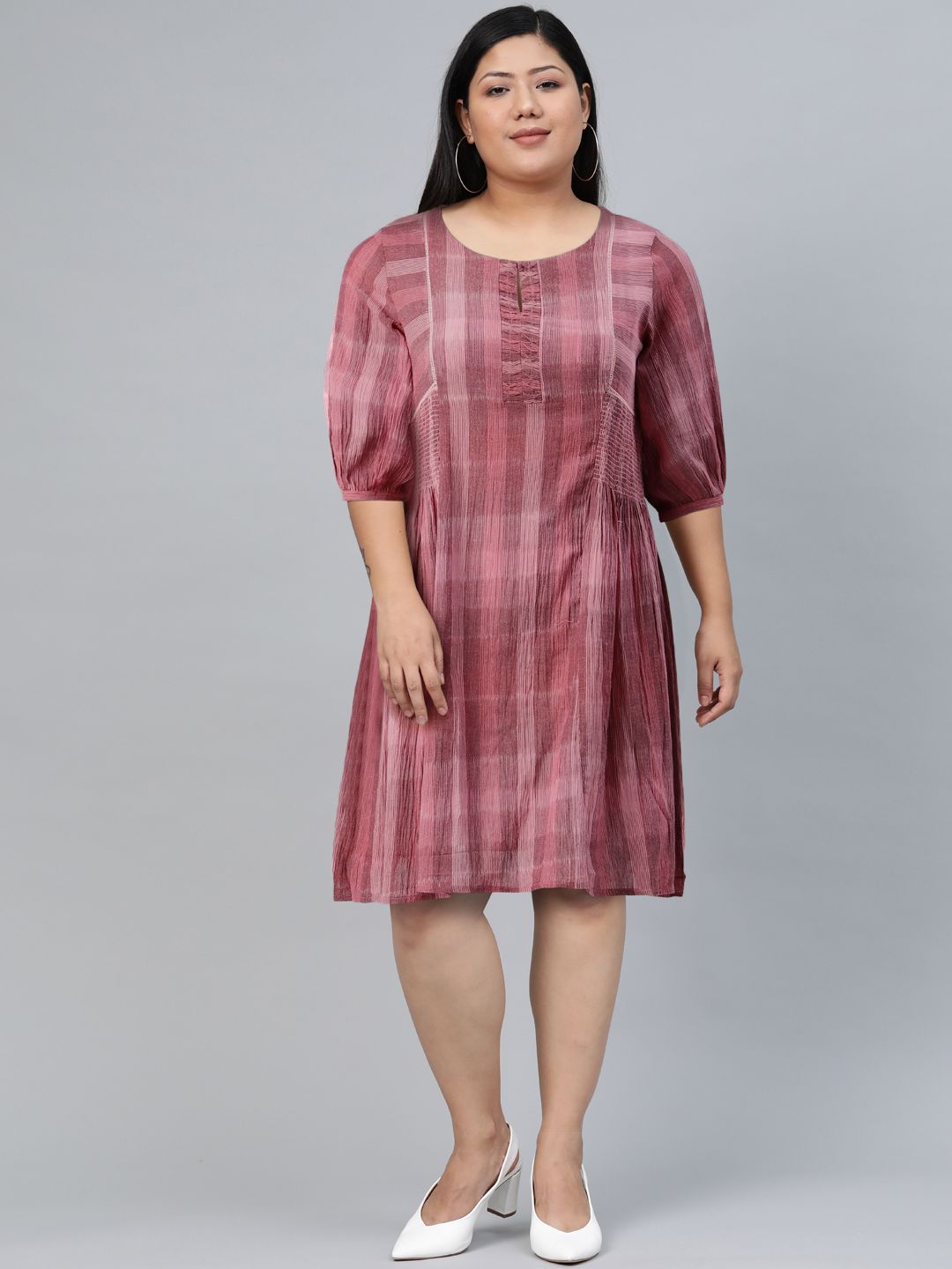 W Women Pink Checked Cotton A-Line Dress