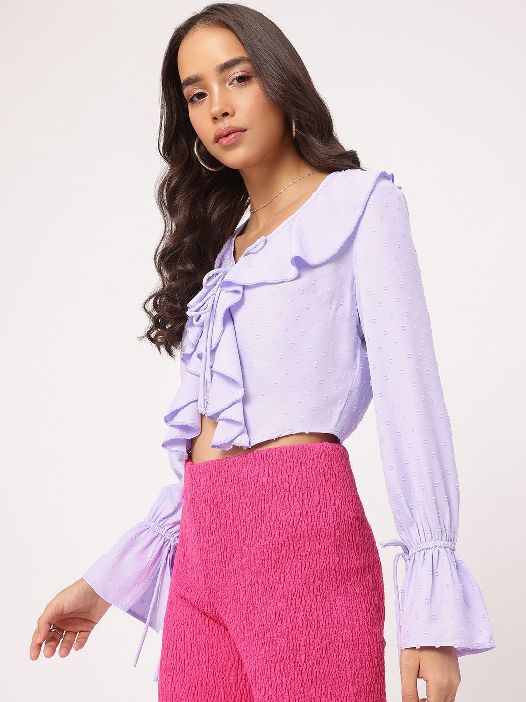 DressBerry Cozy Kawaii Ruffled Dobby Weave Crop Top