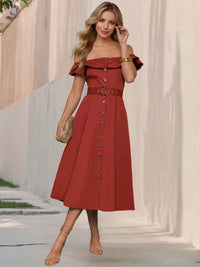 all about you Women Solid Belted Off-Shoulder A-Line Midi Dress