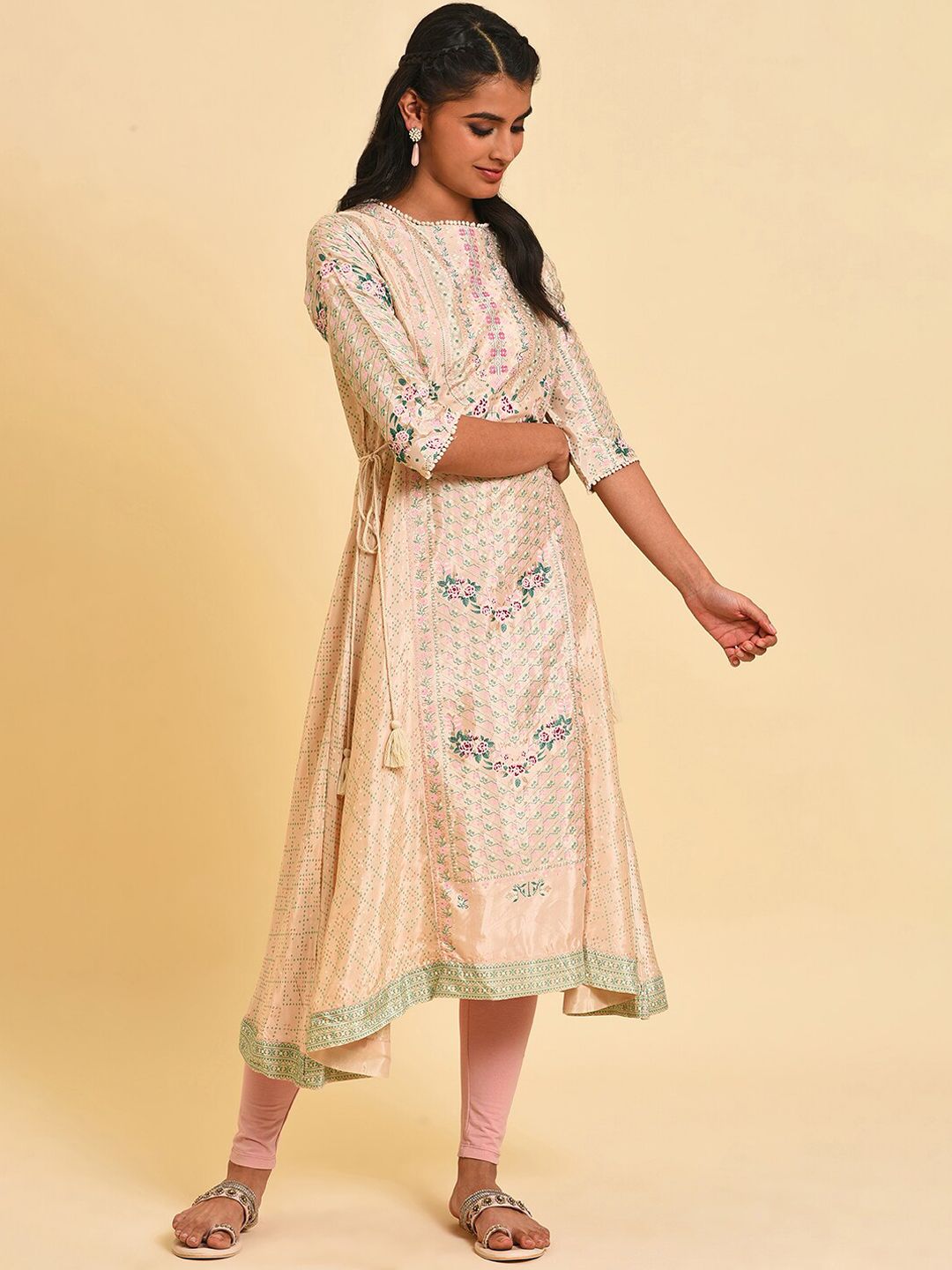 W Floral Printed Boat Neck Asymmetric A-Line Kurta