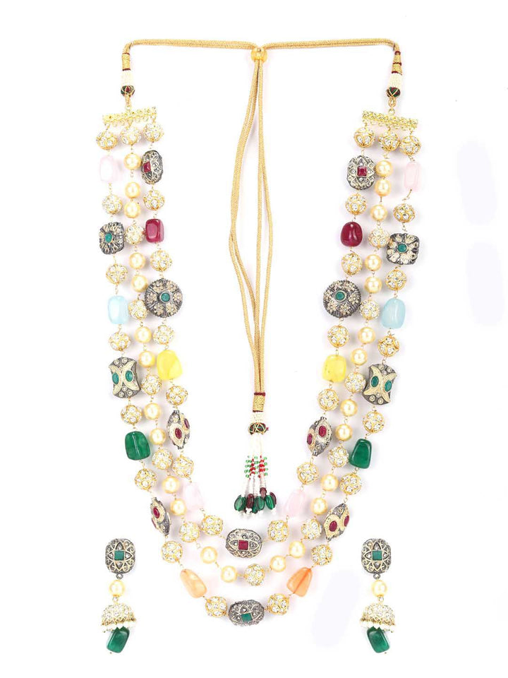 Priyaasi Gold-Plated Kundan-Studded & Pearl-Beaded Tripal-Stranded Handcrafted Jewellery Set