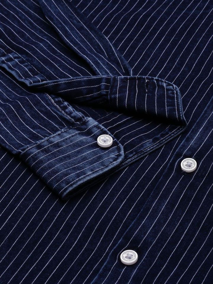 THE BEAR HOUSE Men Navy Blue Pure Cotton Striped Slim Fit Casual Shirt