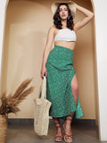 Berrylush Women Green Floral Printed High Rise Front Slit Midi Skirt