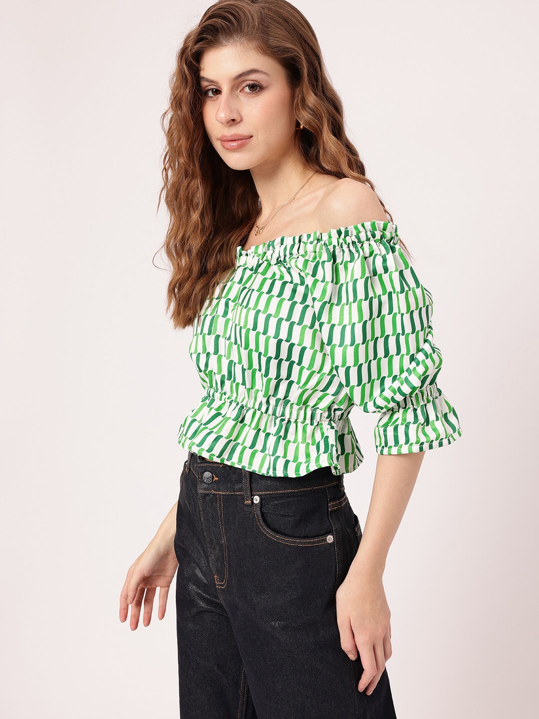 Tranquility Charm Printed Off-Shoulder Peplum Crop Top