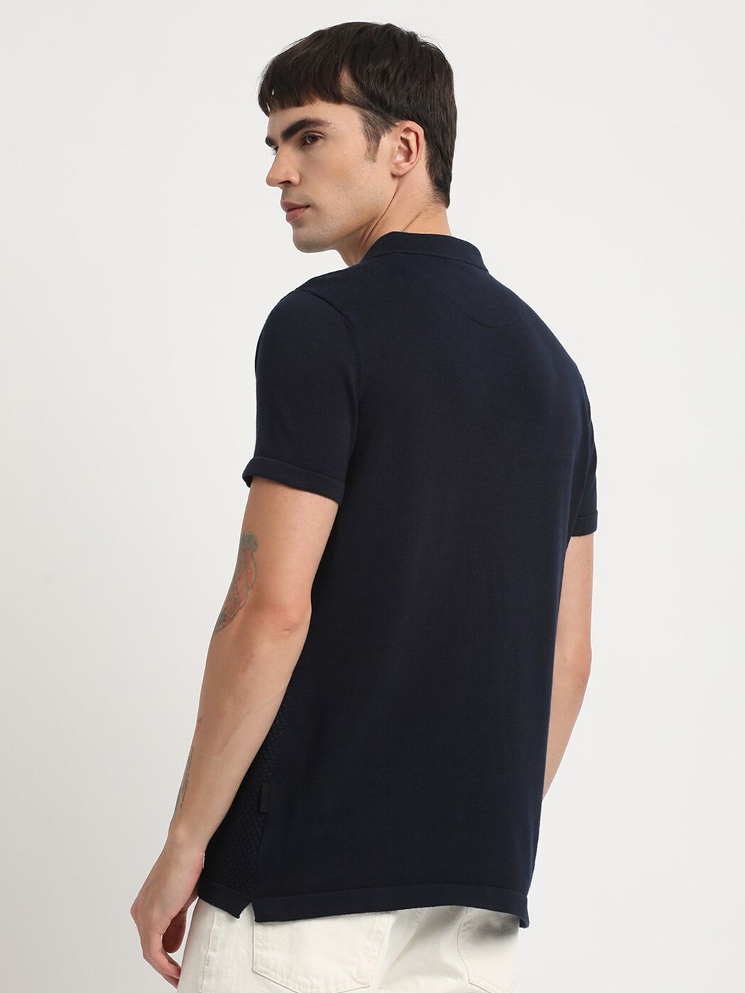 THE BEAR HOUSE Self Design Polo Collar Slim Fit Pure Cotton T-shirt