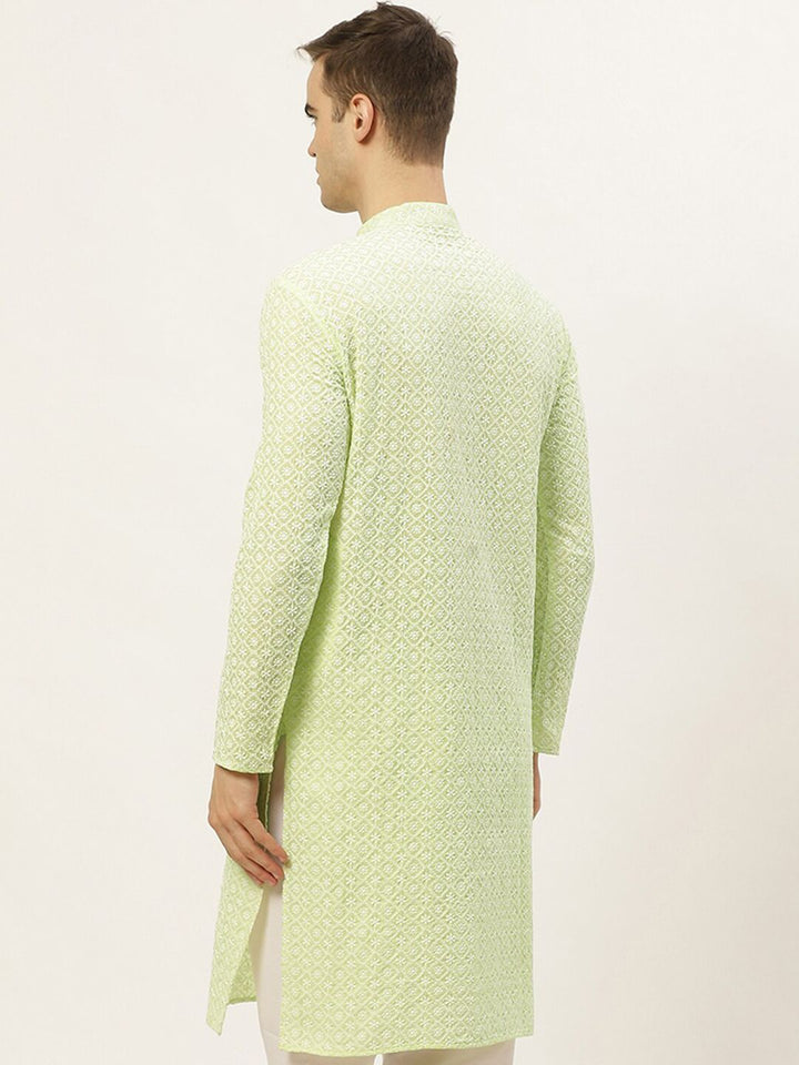 Jompers Men Green & White Ethnic Motifs Embroidered Thread Work Kurta
