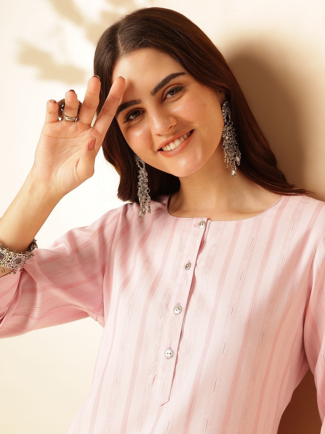 Anouk Pink Striped Self Design Round Neck Regular Straight Kurta
