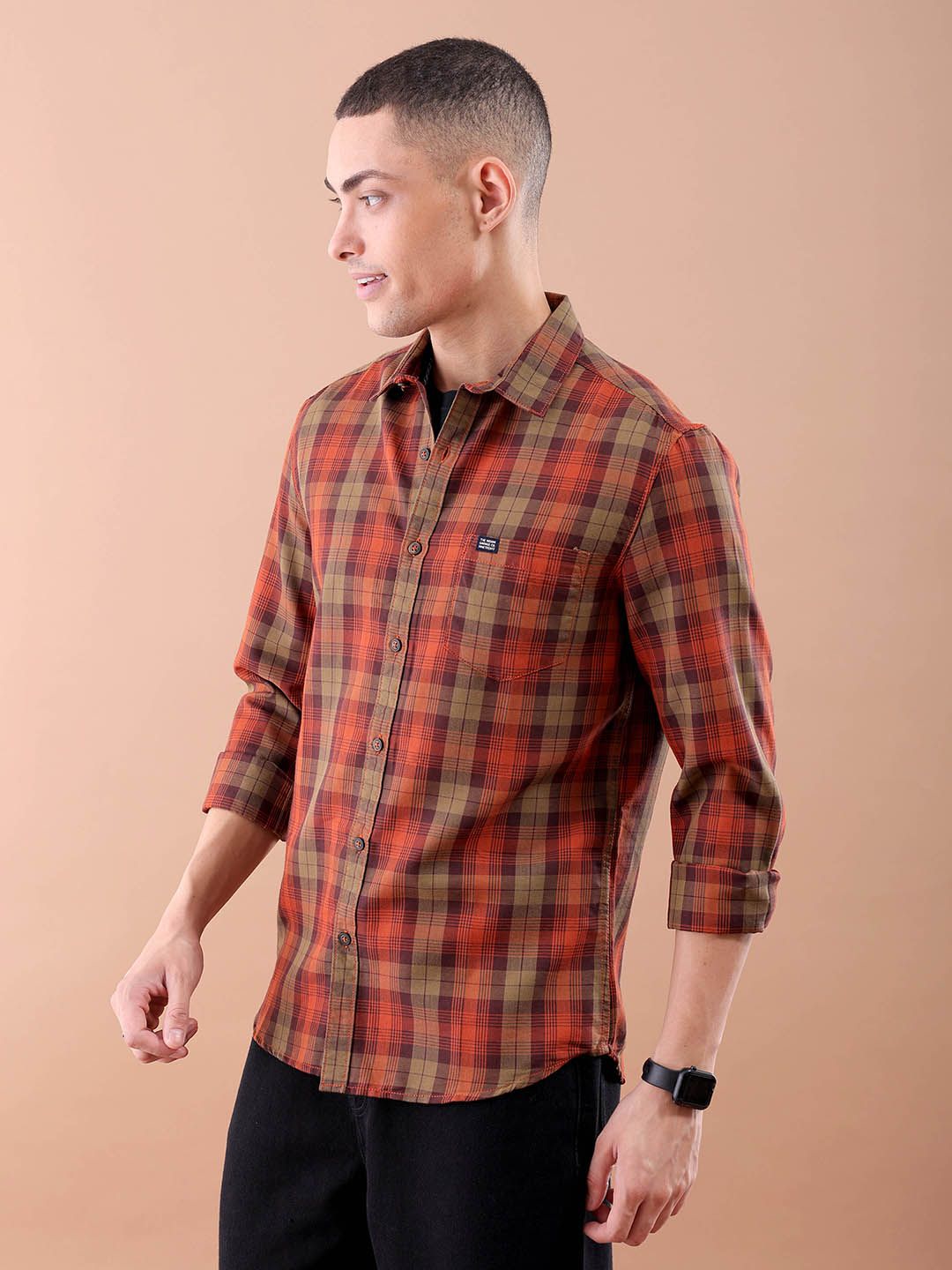 The Indian Garage Co Tartan Checked Pure Cotton Casual T-Shirt