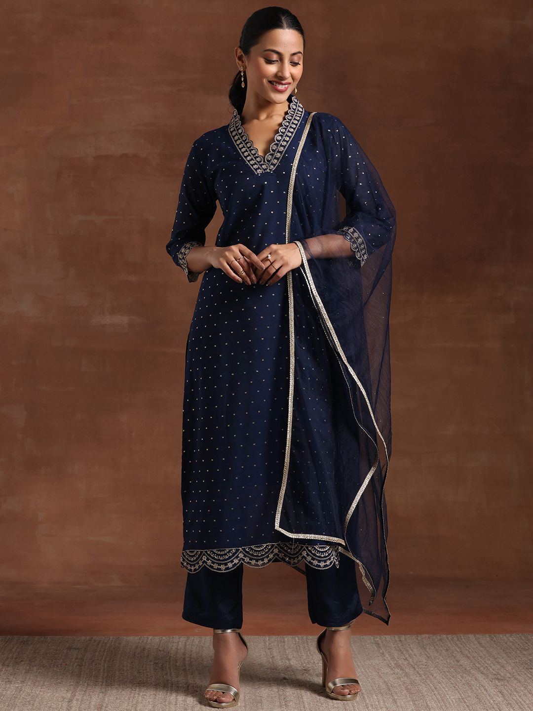 Libas Floral Yoke Design Straight Kurta & Trousers With Dupatta