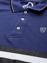 Being Human Clothing Men Blue  Black Striped Polo Collar Pure Cotton T-shirt with Tipping Detail
