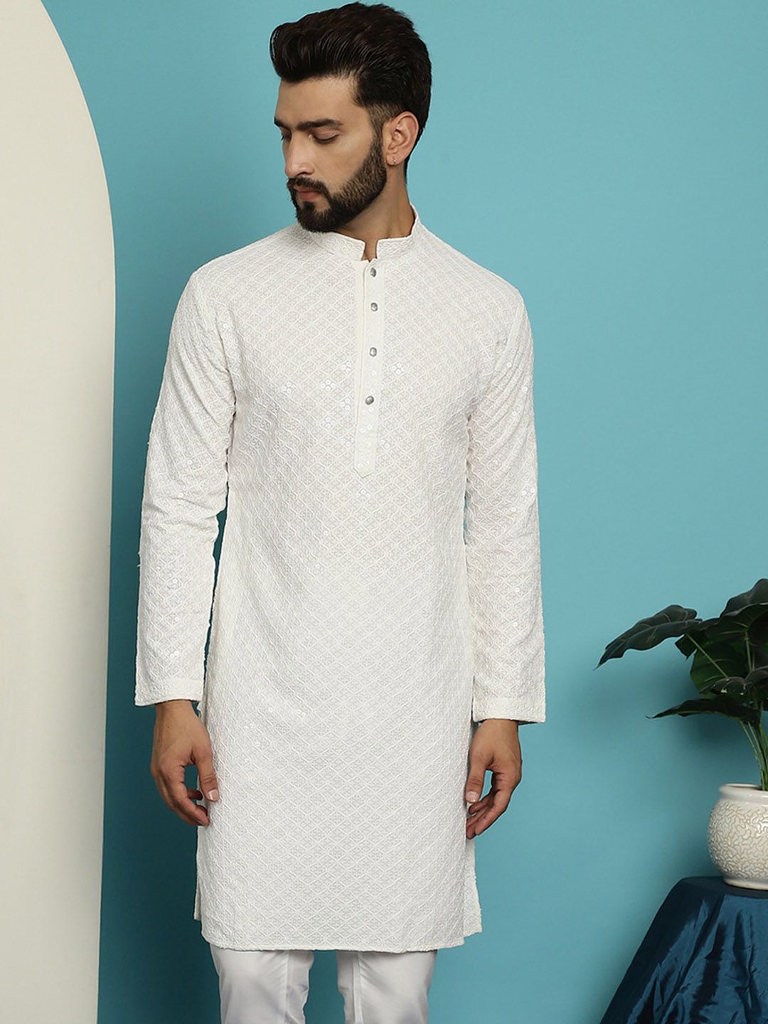 SOJANYA Kurta Kolar Mandarin Sulam Geometrik Pure Cotton
