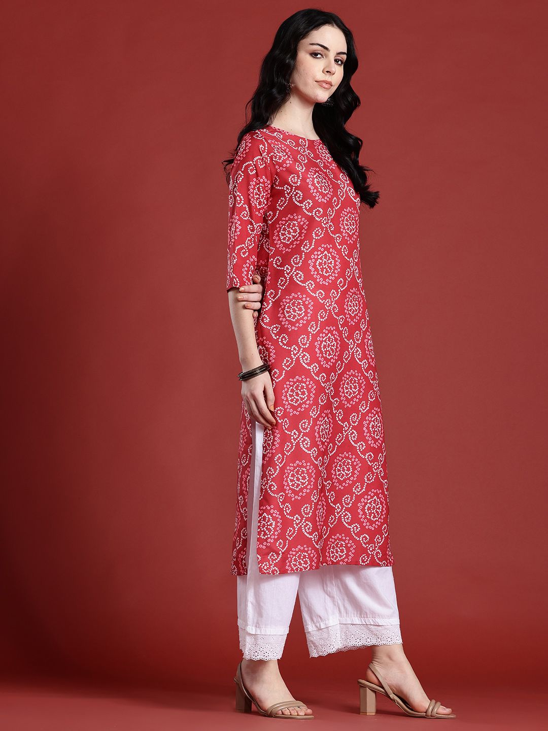Anouk Bandhani Printed Boat Neck Straight Kurta