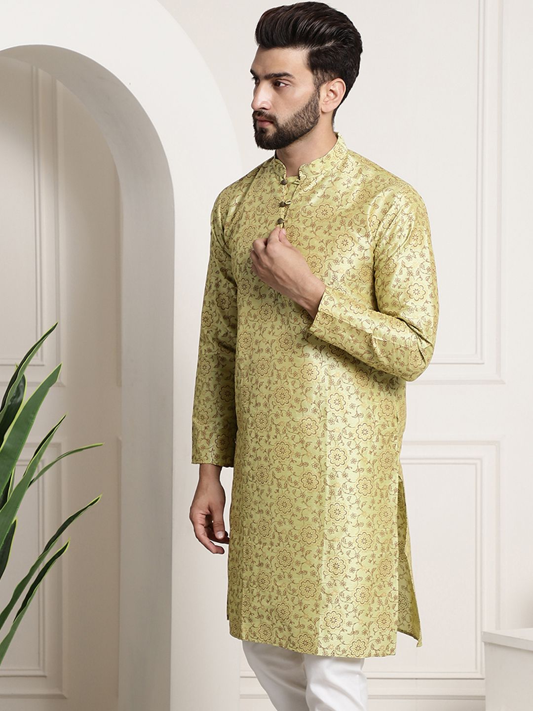 SOJANYA Men Green & Brown Ethnic Motifs Printed Kurta