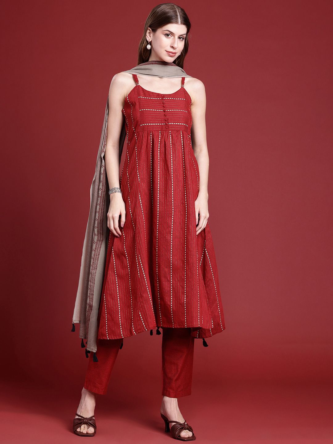 Anouk Women Woven Design A-Line Kurta With Trousers & Printed Dupatta