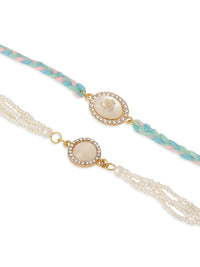 NVR Set of 2 White Pearls & Artificial Beads Bhaiya Bhabhi Rakhi with Roli Chawal