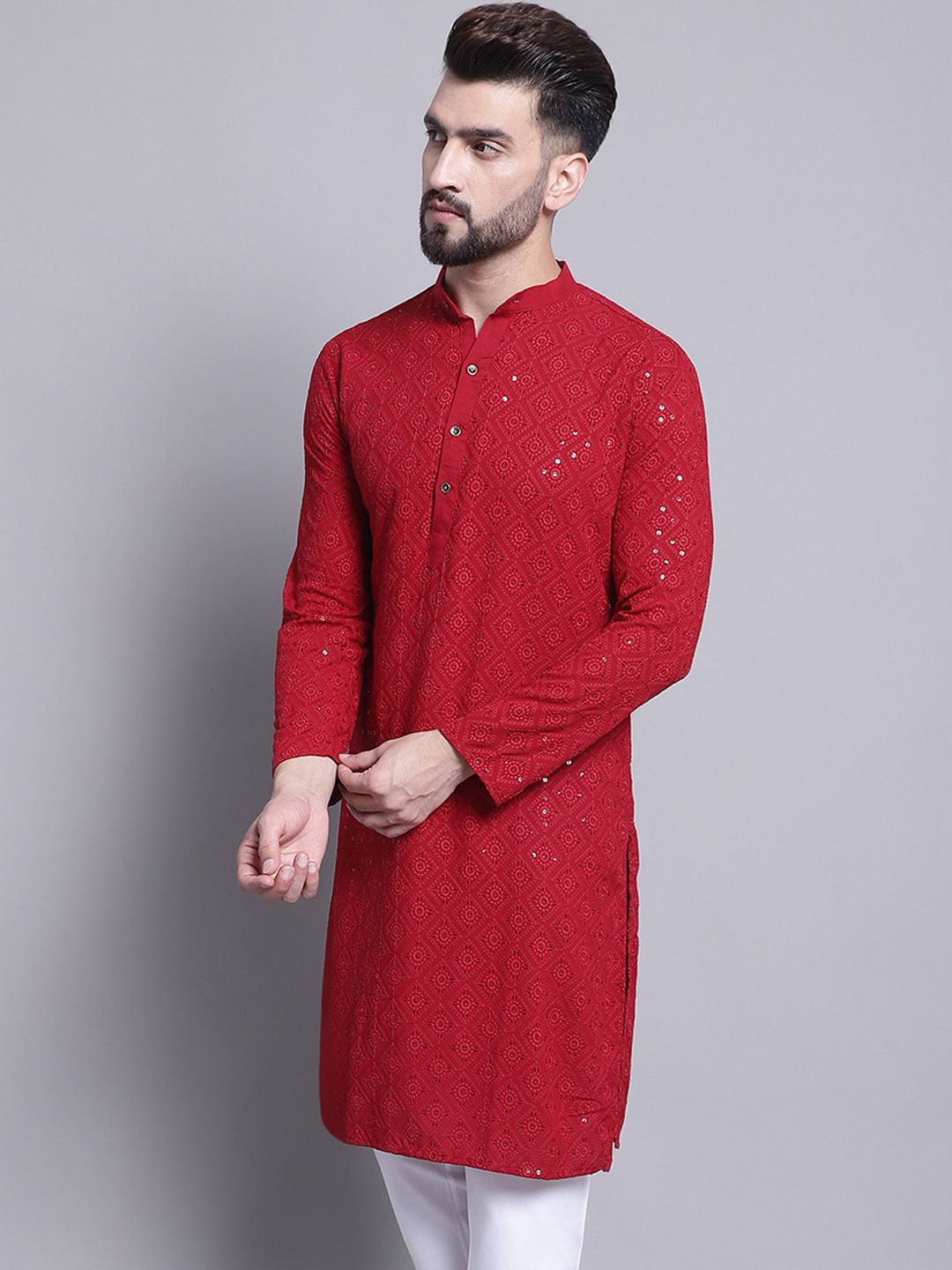 SOJANYA Geometric Embroidered Sequence Mandarin Collar Pure Cotton Kurta