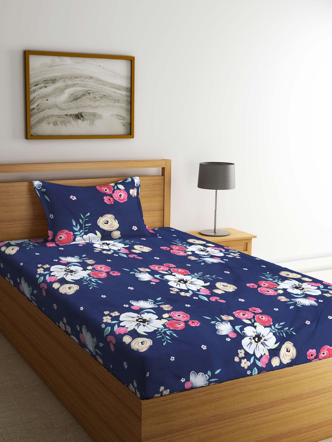 KLOTTHE Blue Floral Polycotton 300 TC Fitted Double Fine Bedsheet with a Pillow Cover-87 x 59 inches